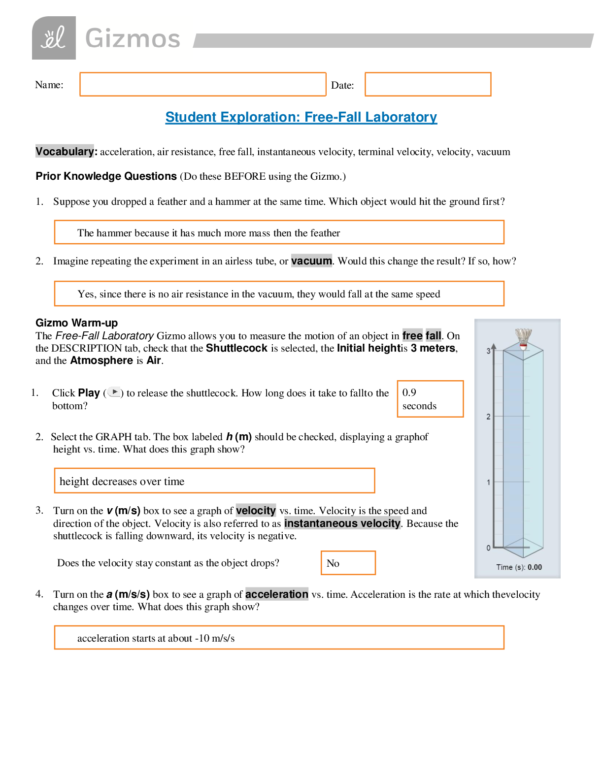 Preview image of Gizmo Student Exploration: Free-Fall Laboratory document